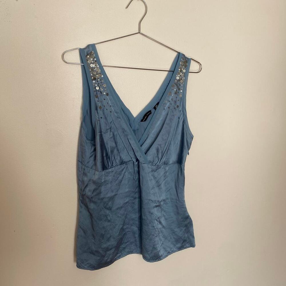 Vintage Powder Blue Sequined 100% Silk V-Neck Blouse Women's 10